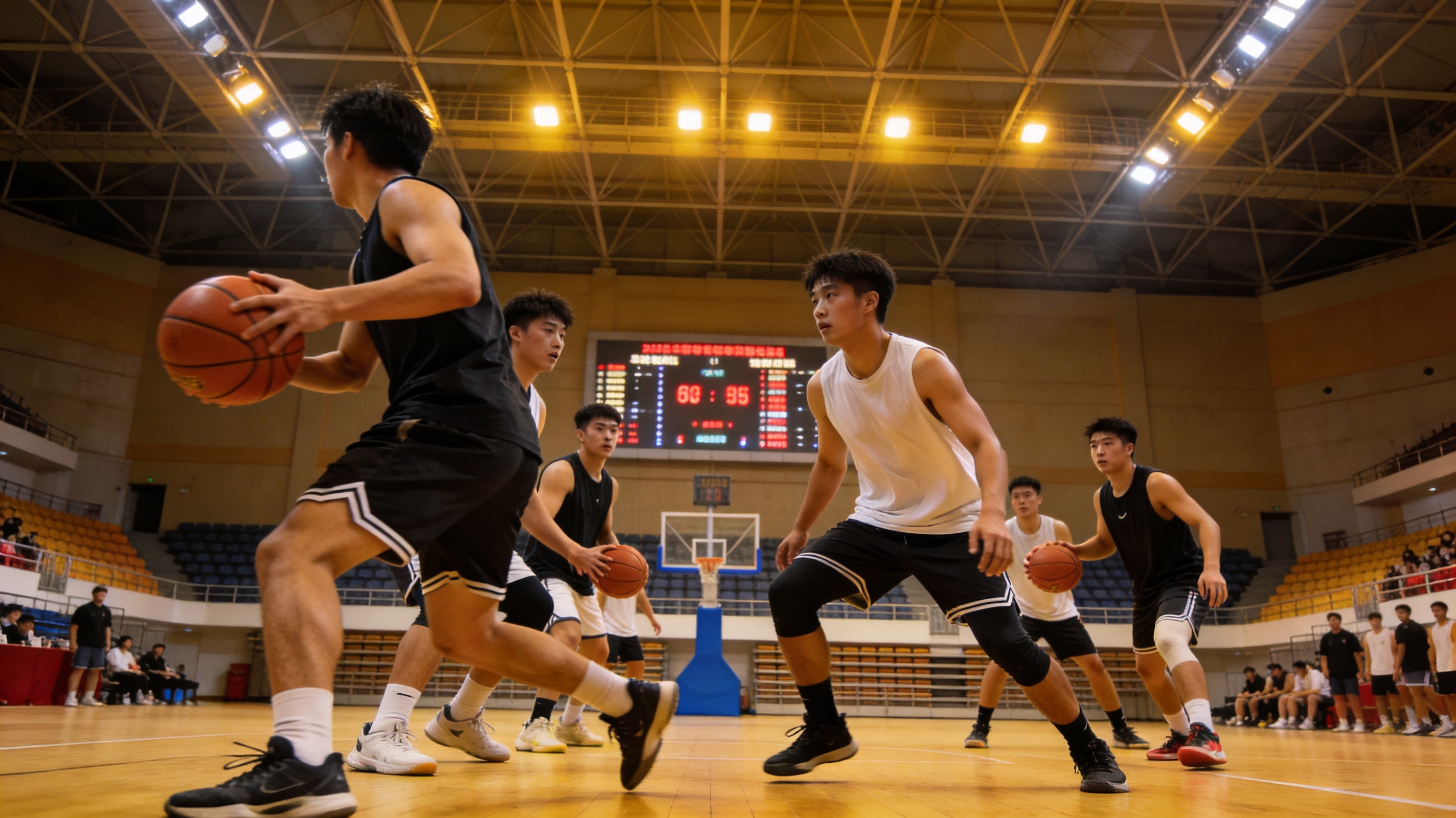 星空综合篮球圈子成员在室内篮球场进行训练和约战的团队活动